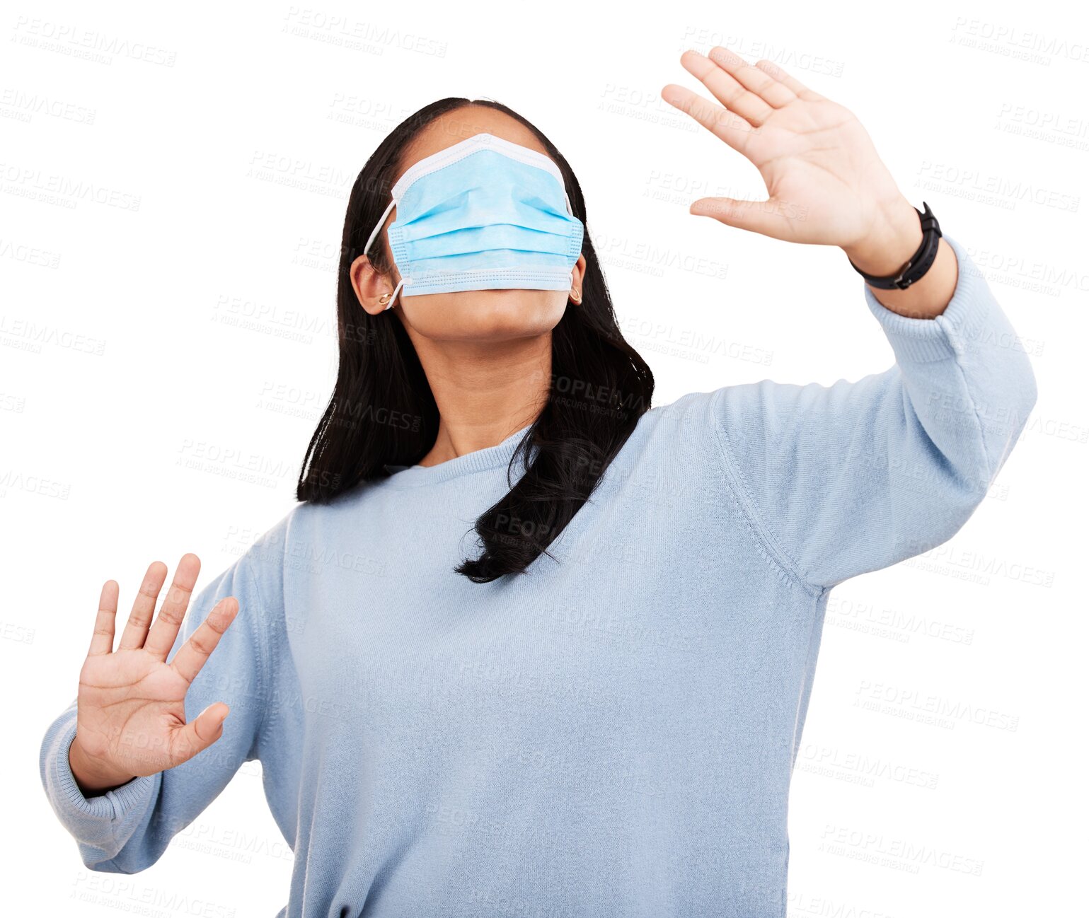 Buy stock photo Covid, blindfold face mask and woman for medical, crazy and healthcare on png or transparent background. Comic, funny and isolated female with protection for vaccine, virus and pandemic safety