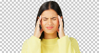 Stress, frustrated and a woman with a headache on a green screen isolated on a studio background. Burnout, anxiety and a girl massaging her temples to relieve migraine pain on a mockup backdrop