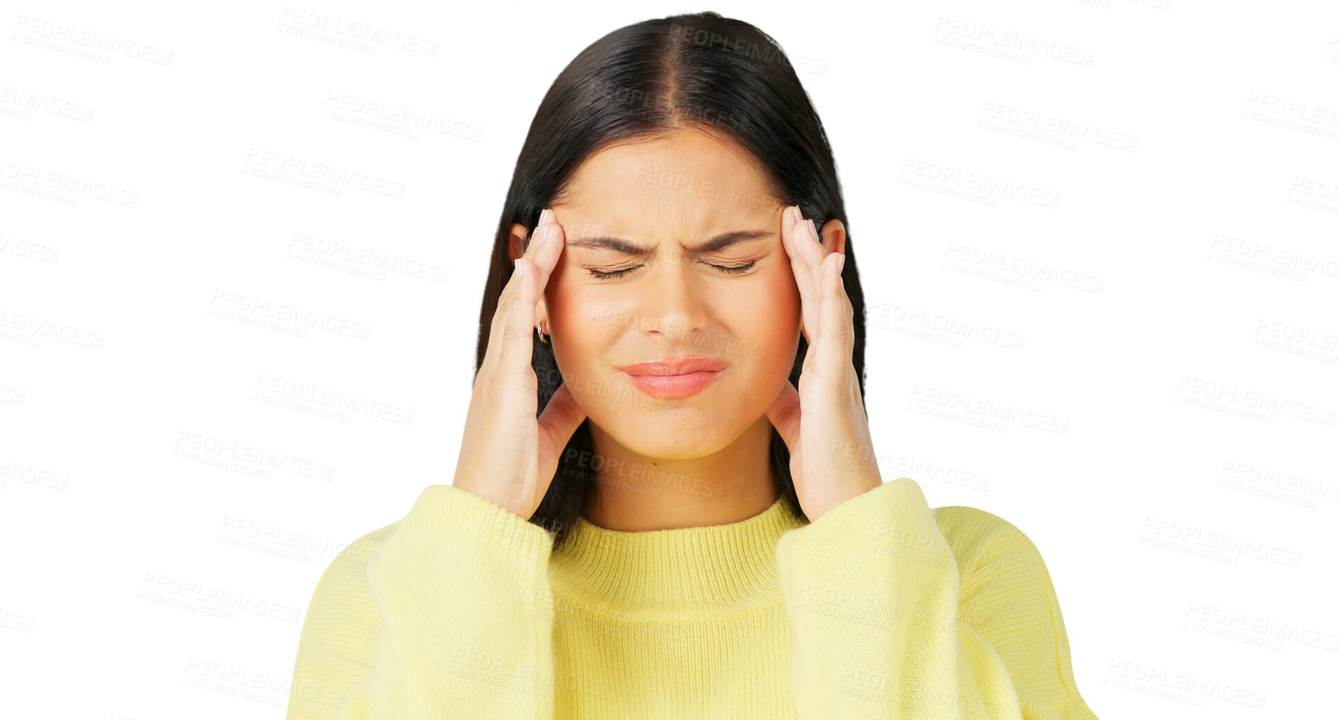 Buy stock photo Stress, frustrated and a woman with a headache isolated on a transparent png background. Burnout, anxiety and a girl with temples massage for migraine pain, mental health or tired of a problem