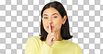 Wink, secret and face of a woman on a green screen isolated on a studio background. Quiet, silent and portrait of a winking girl with finger on mouth for silence, privacy and gossip on a backdrop