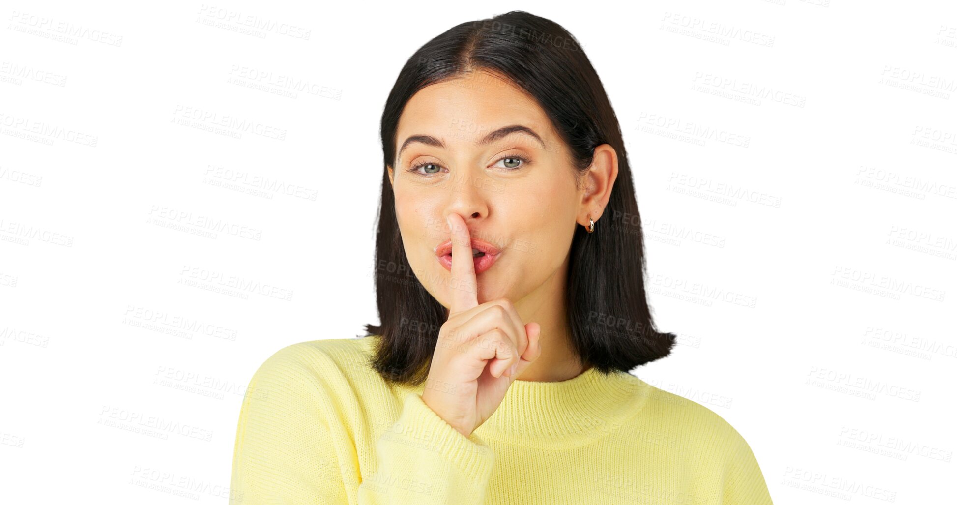 Buy stock photo Secret, portrait or quiet woman with finger on lips for drama news isolated on transparent png background. Deal, silence or face of girl with shush sign on mouth to gossip in confidential privacy 