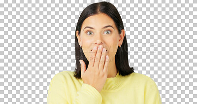 Buy stock photo Shock, wow and portrait of a young woman isolated on a transparent, png background. Hand on mouth, surprise and an excited female person with a secret, gossip and omg announcement or gasping emoji