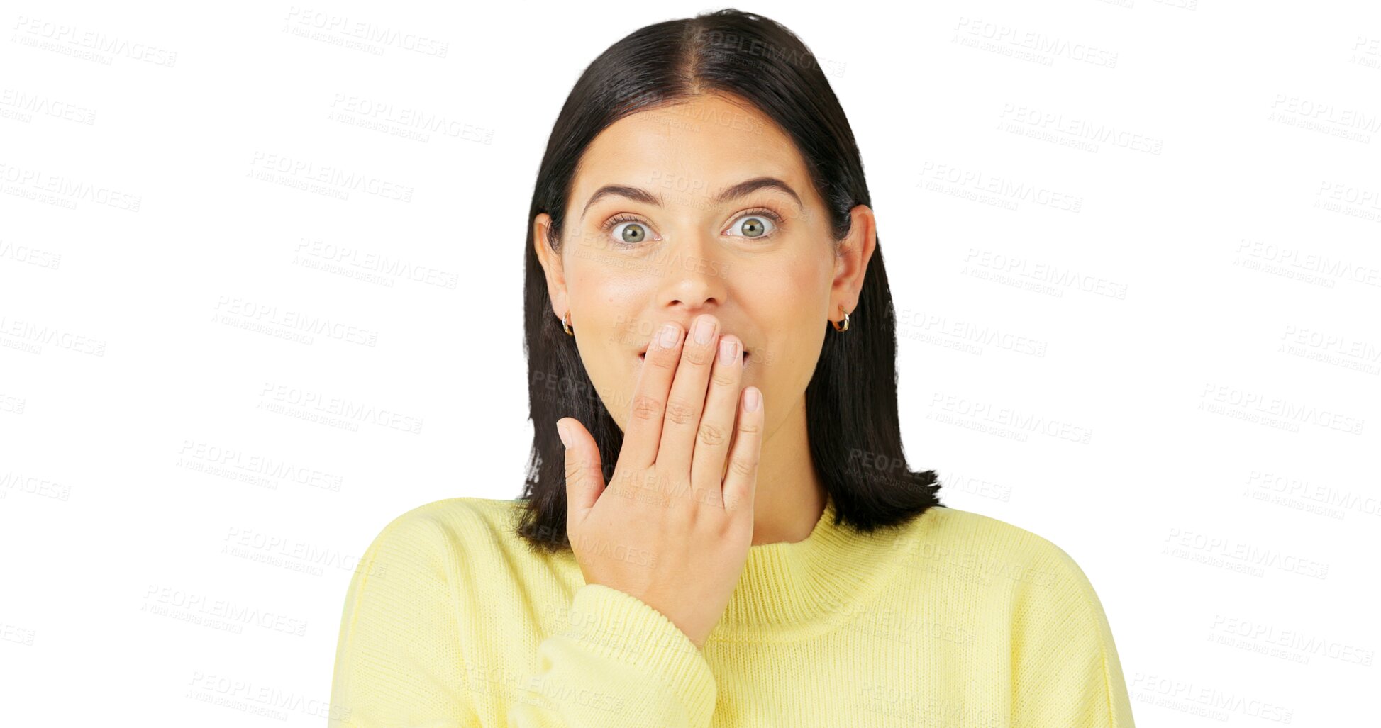 Buy stock photo Shock, wow and portrait of a young woman isolated on a transparent, png background. Hand on mouth, surprise and an excited female person with a secret, gossip and omg announcement or gasping emoji