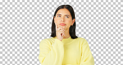 Buy stock photo Thinking, decision and face of a young woman with vision or doubt isolated on a transparent, png background. Question, solution and a person with hand on chin for choice, idea or problem solving
