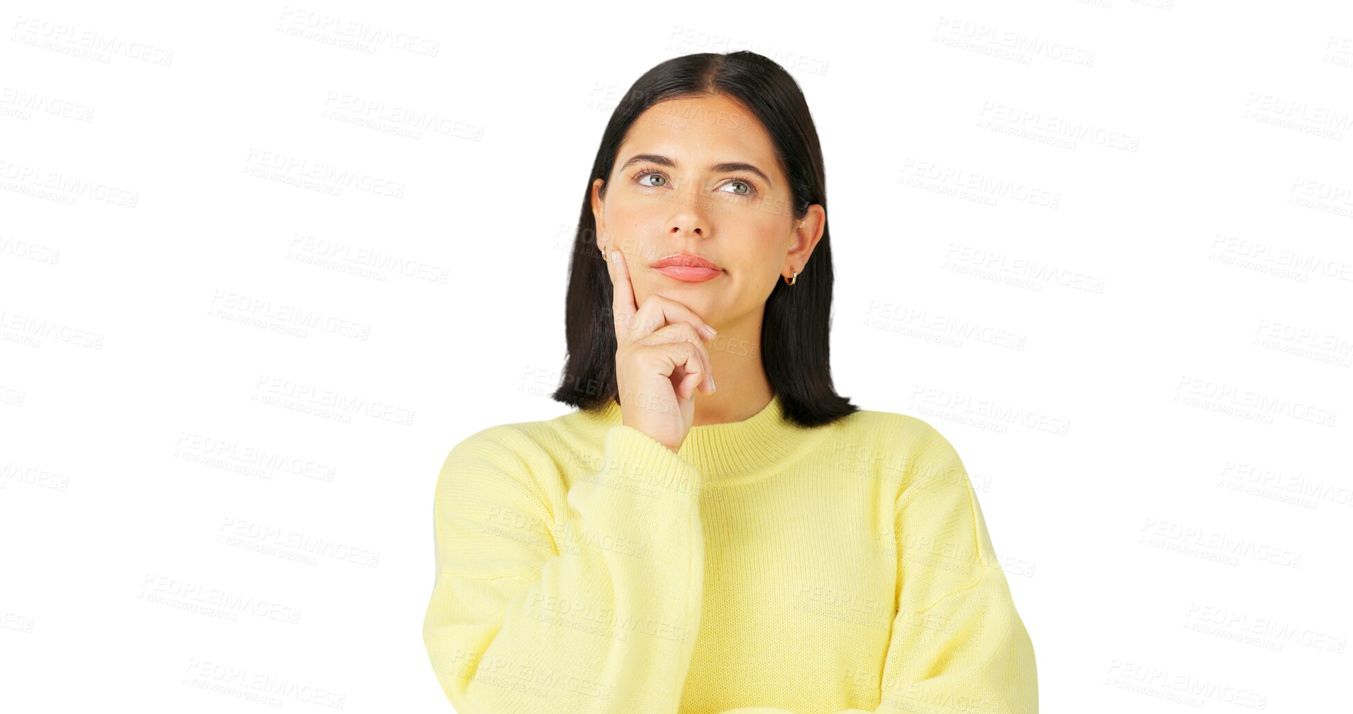 Buy stock photo Thinking, decision and face of a young woman with vision or doubt isolated on a transparent, png background. Question, solution and a person with hand on chin for choice, idea or problem solving
