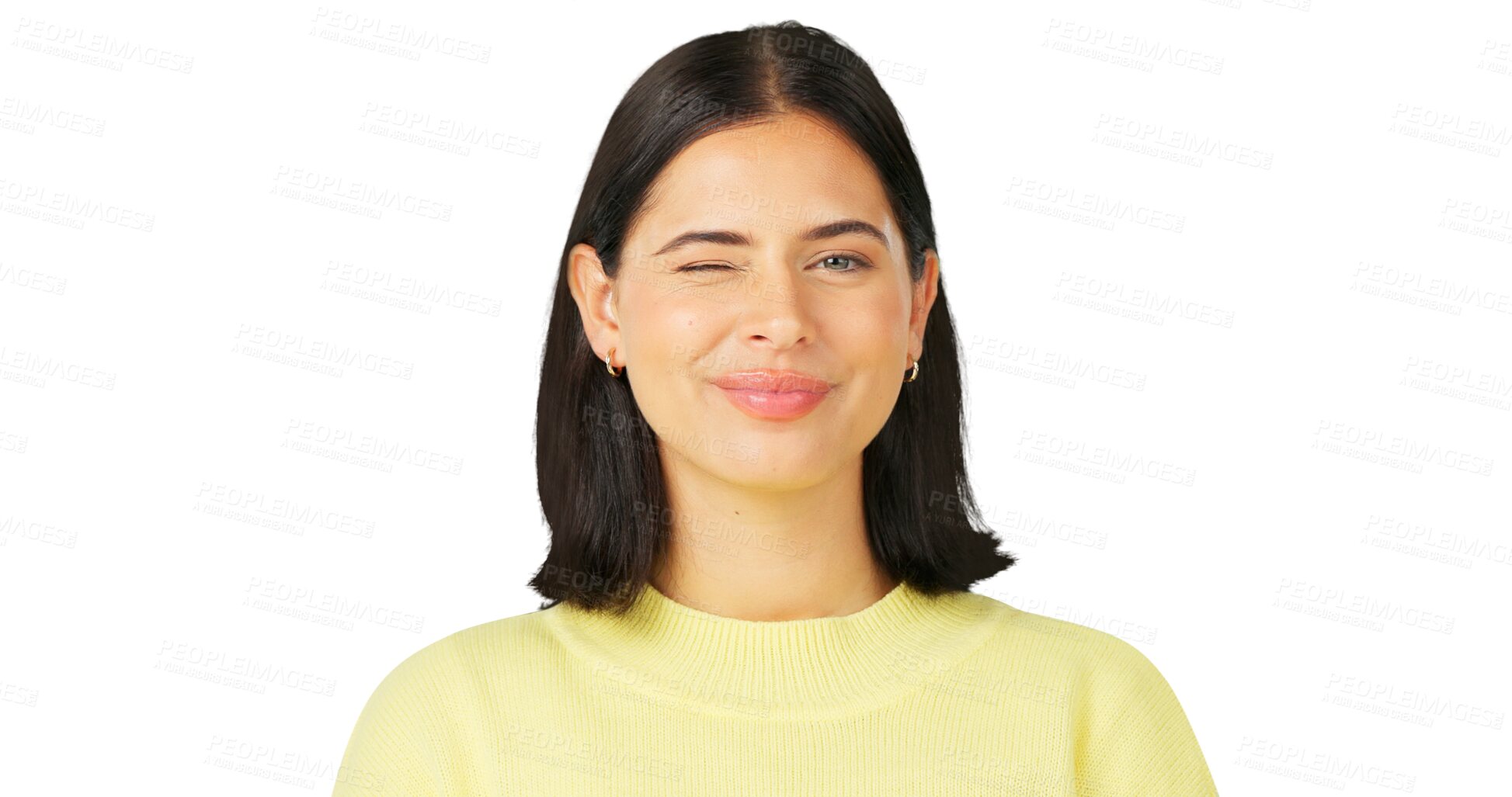 Buy stock photo Portrait, woman and flirty face wink while isolated on a transparent png background. Happy, female model and eye expression with smile of cool girl, fun mood and joyful personality for confidence