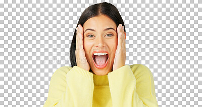 Buy stock photo Excited, shout and portrait of a young woman isolated on a transparent, png background. Wow, mind blown and surprise of female person with discount  or sale announcement, good news and hands on face