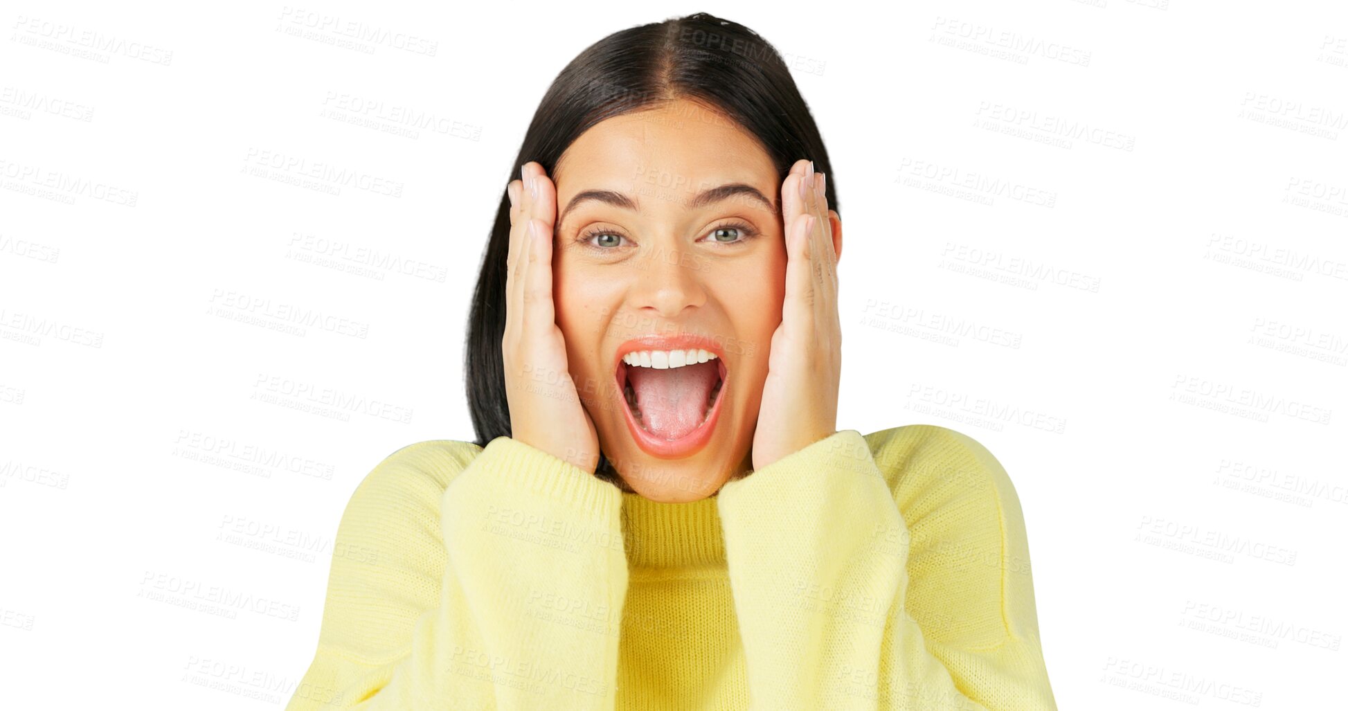 Buy stock photo Excited, shout and portrait of a young woman isolated on a transparent, png background. Wow, mind blown and surprise of female person with discount  or sale announcement, good news and hands on face