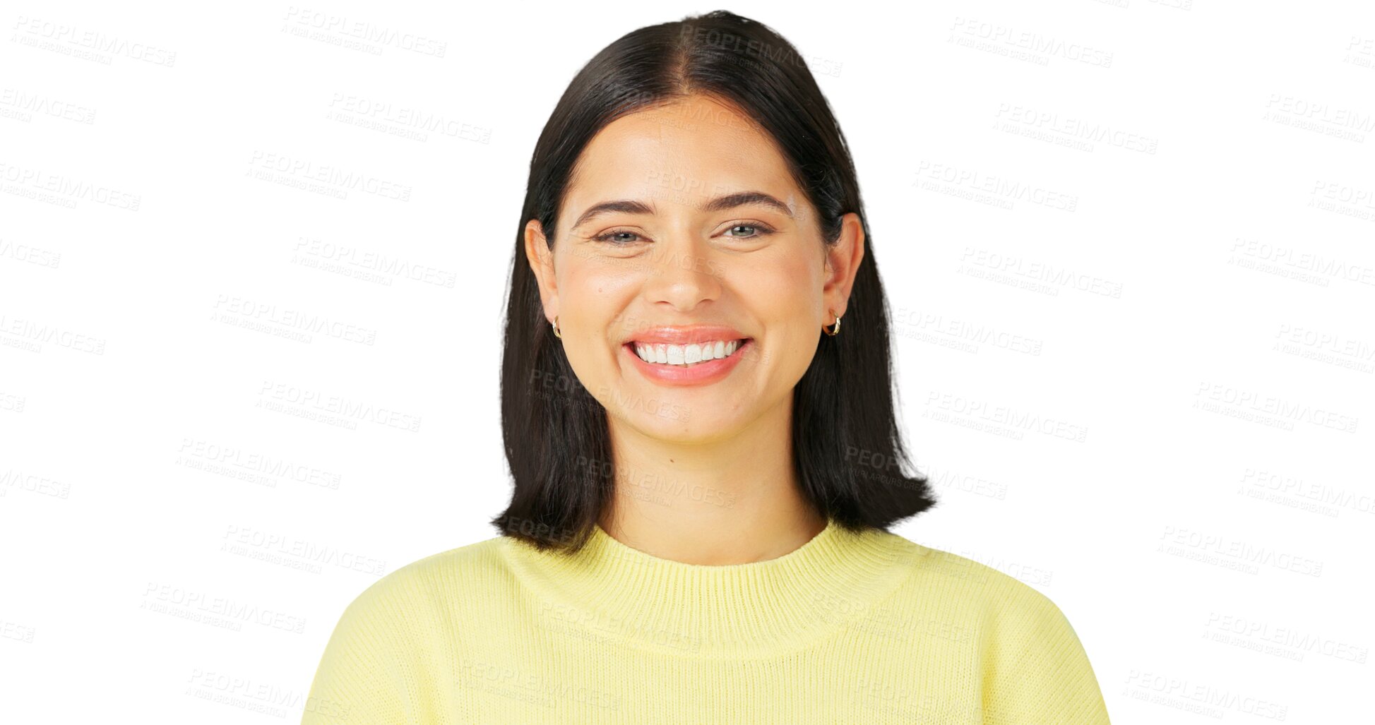 Buy stock photo Fashion, happy and the face of a woman isolated on a transparent png background. Smile, casual style and portrait of a person with confidence, makeup or cosmetics with aesthetic for wellness in Spain