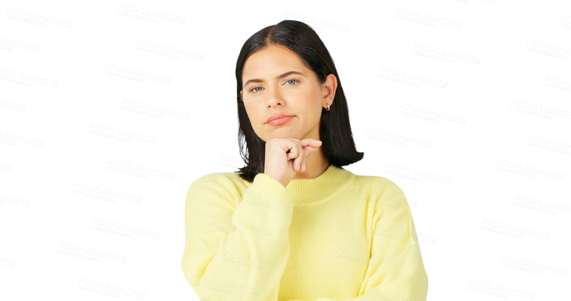 Buy stock photo Portrait, thinking and woman with ideas, doubt and opportunity isolated on a transparent background. Face, female person and model with confusion, png and questions with options, decision and choices