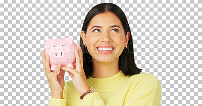 Buy stock photo Happy woman, thinking and piggy bank savings for investment, budget or finance growth. Excited female, idea and a coin for money profit and isolated on a transparent png background for wealth