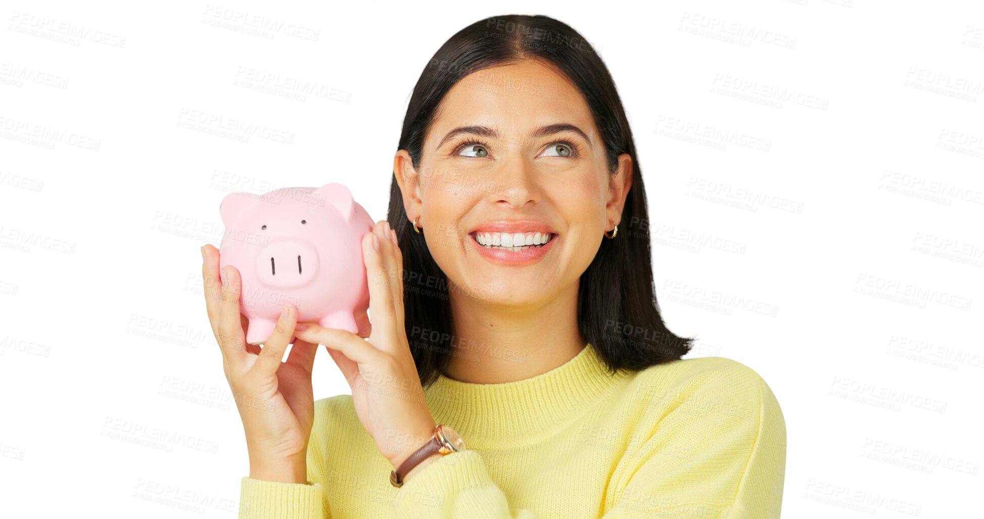 Buy stock photo Happy woman, thinking and piggy bank savings for investment, budget or finance growth. Excited female, idea and a coin for money profit and isolated on a transparent png background for wealth