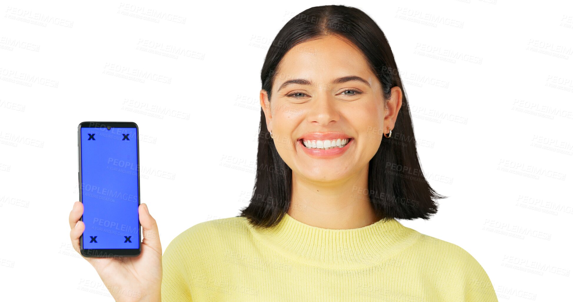Buy stock photo Happy woman, portrait or green screen mockup on a phone for social media advertising or branding. Chromakey, smile or face of person with chroma key on mobile app display for logo marketing space
