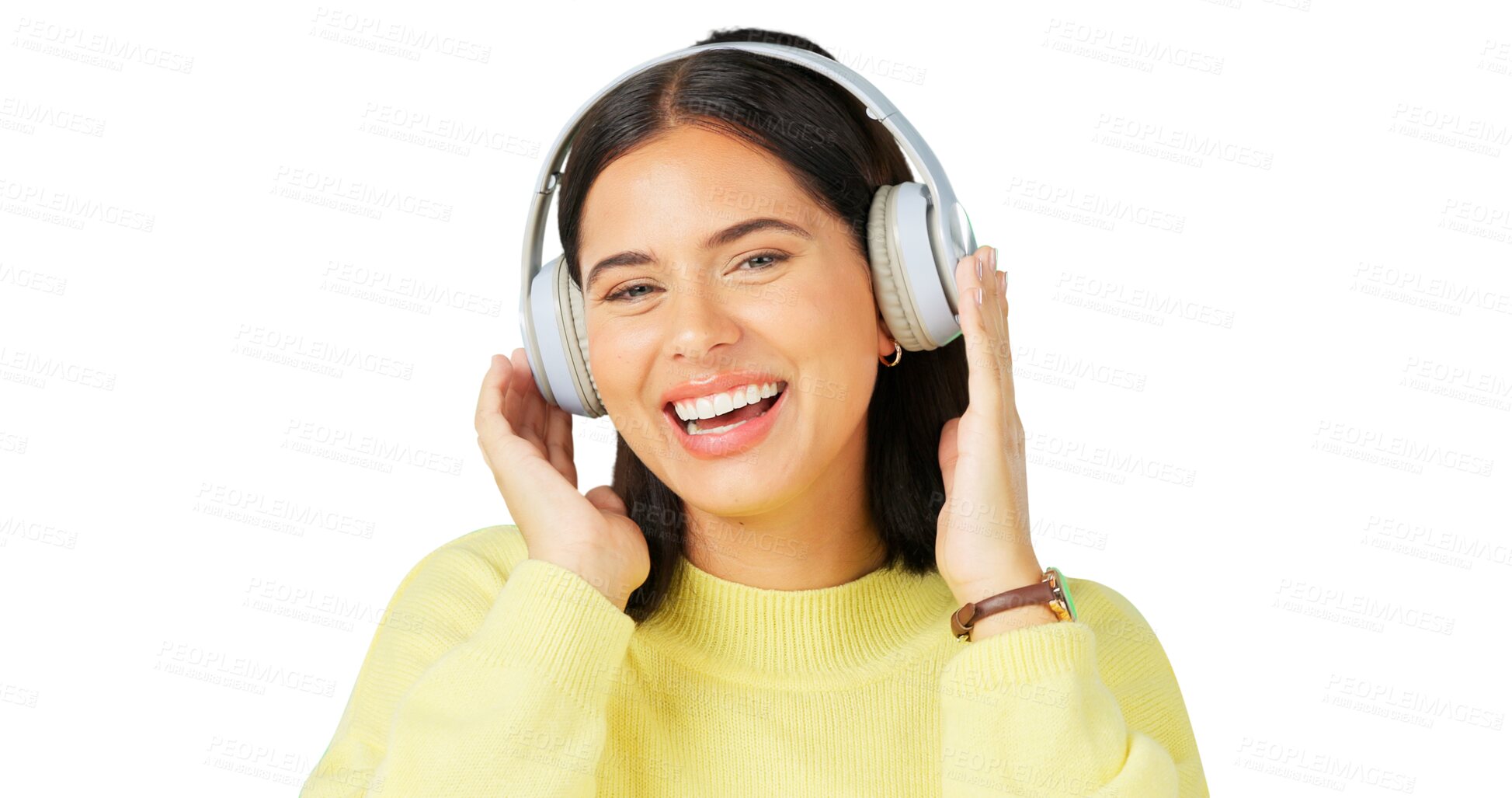 Buy stock photo Face, excited and woman with headphones for music isolated on a transparent png background. Portrait, happy and person listening to radio, podcast and streaming audio, sound and hearing for freedom