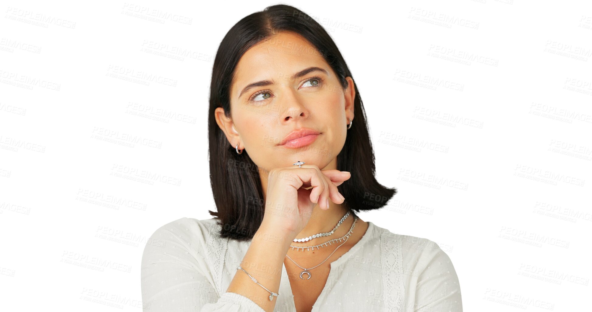 Buy stock photo Thinking, idea and decision with a young woman to consider an option. Face, question and problem solving with female person isolated on transparent, png background with doubt, solution or inspiration