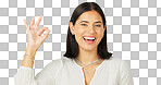 Okay hands, face and happy woman on green screen, background and studio in praise of support. Portrait of female model, smile and ok for success, yes and review of perfect emoji, thank you and hope