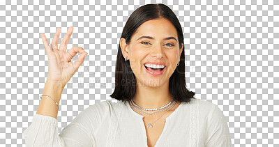 Buy stock photo Ok hand, portrait and a happy woman with agreement, trust and in praise of support. Sign, female model and smile for success, yes and review of perfect emoji isolated on a transparent png background