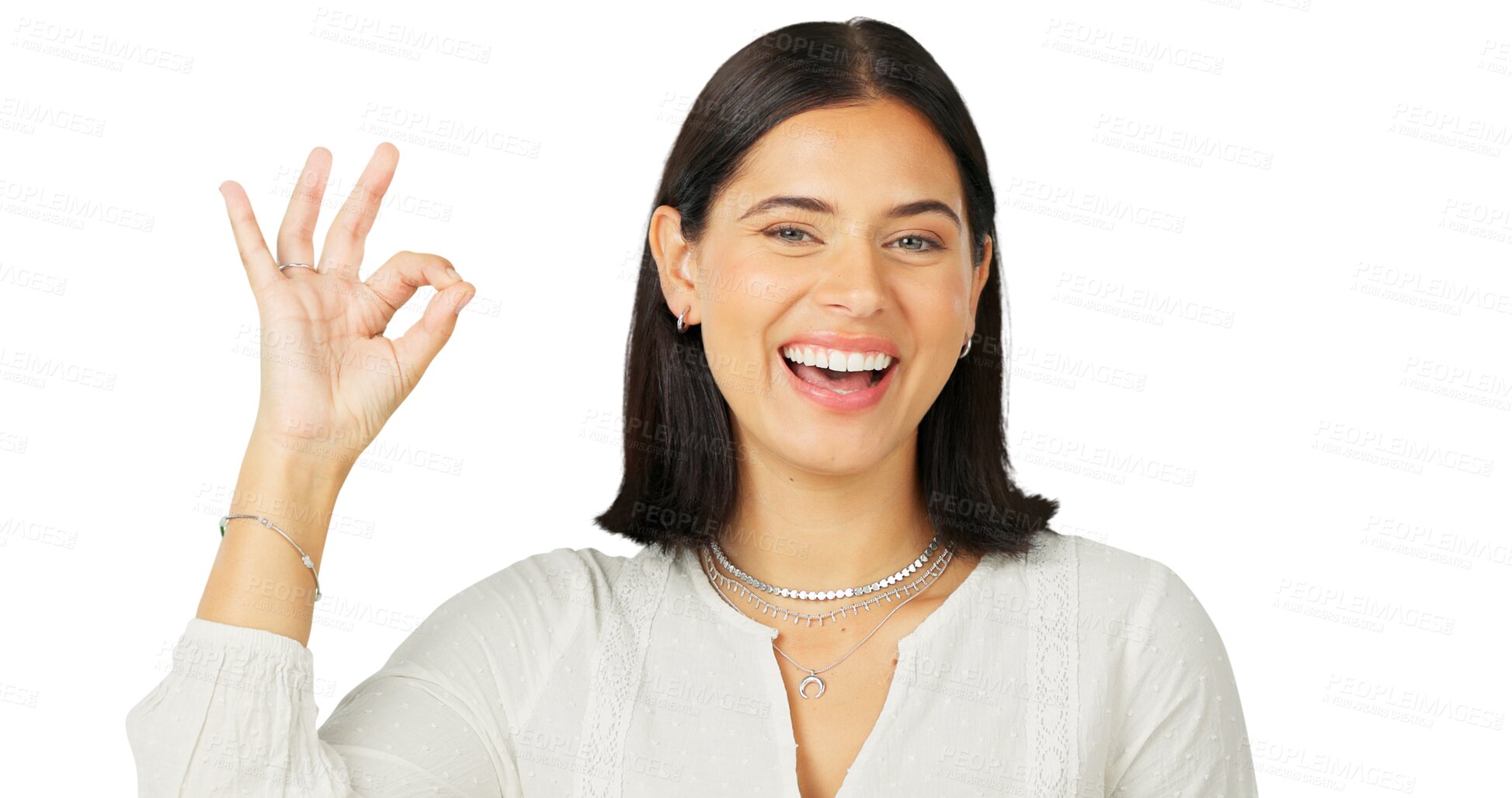 Buy stock photo Ok hand, portrait and a happy woman with agreement, trust and in praise of support. Sign, female model and smile for success, yes and review of perfect emoji isolated on a transparent png background