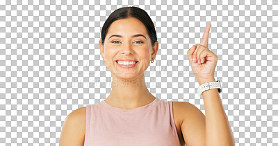 Buy stock photo Happy woman, portrait or pointing up to show promotion offer, fitness membership or announcement. Face, smile or personal trainer advertising a commercial deal isolated on transparent png background