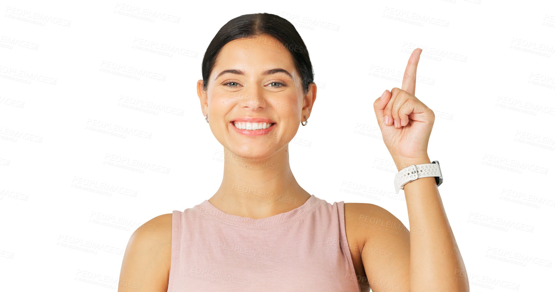 Buy stock photo Happy woman, portrait or pointing up to show promotion offer, fitness membership or announcement. Face, smile or personal trainer advertising a commercial deal isolated on transparent png background