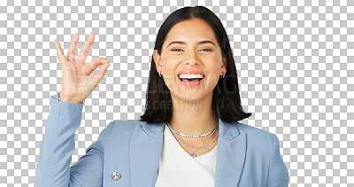 Buy stock photo Okay, hand sign and happy portrait of a woman review or feedback for business support. Face of employee person and ok emoji for success, yes and agreement isolated on a transparent, png background