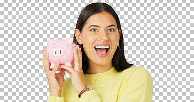 Buy stock photo Portrait, piggy bank and woman with savings, finance and excited girl isolated on a transparent background. Face, person and happy model with money, investment or budget with png, financial or profit