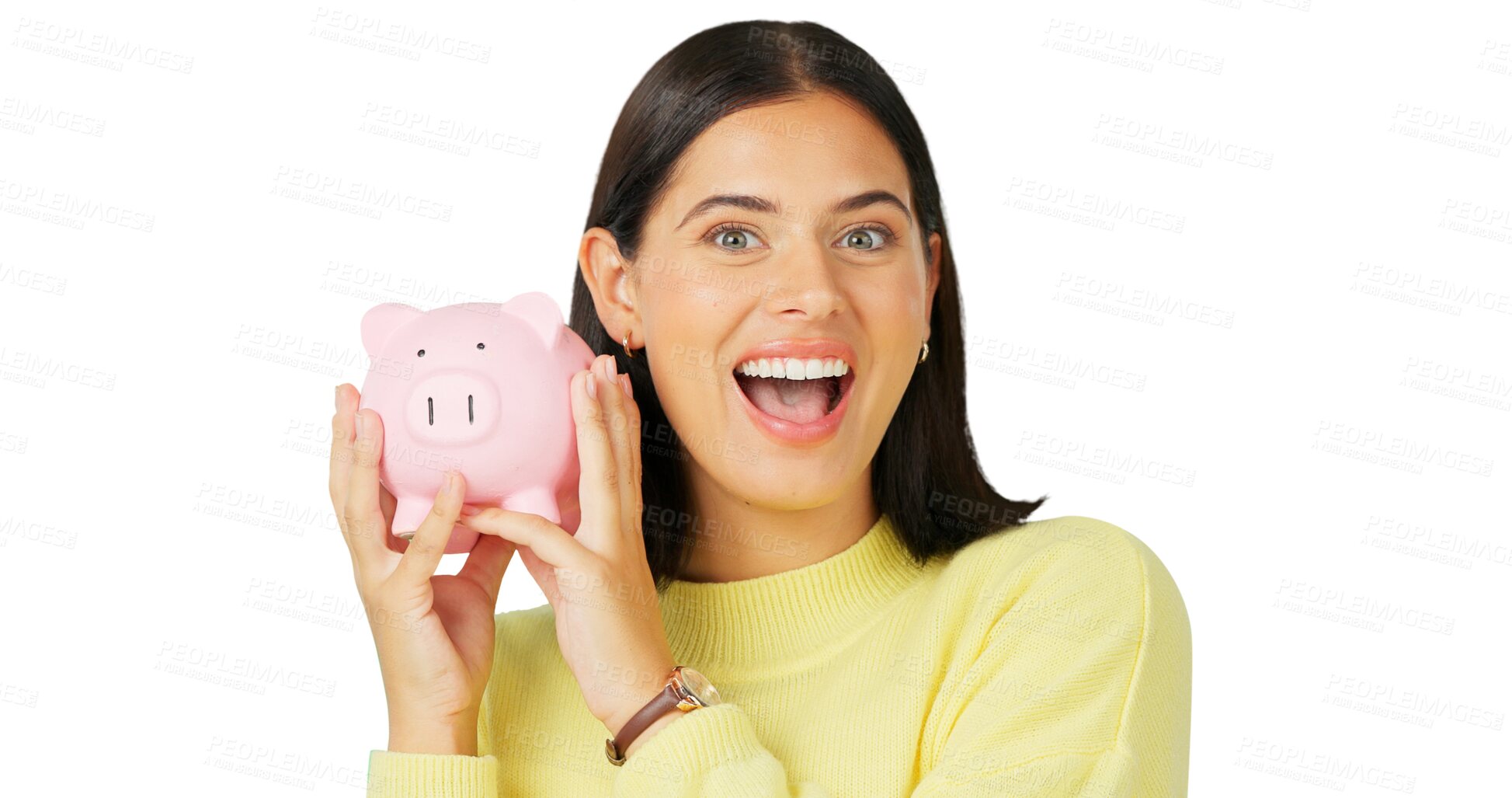 Buy stock photo Portrait, piggy bank and woman with savings, finance and excited girl isolated on a transparent background. Face, person and happy model with money, investment or budget with png, financial or profit