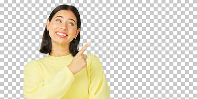 Buy stock photo Woman, pointing and advertising presentation of advice while isolated on a transparent png background. Happy model show promotion of deal, sale and announcement of news, review and feedback about us