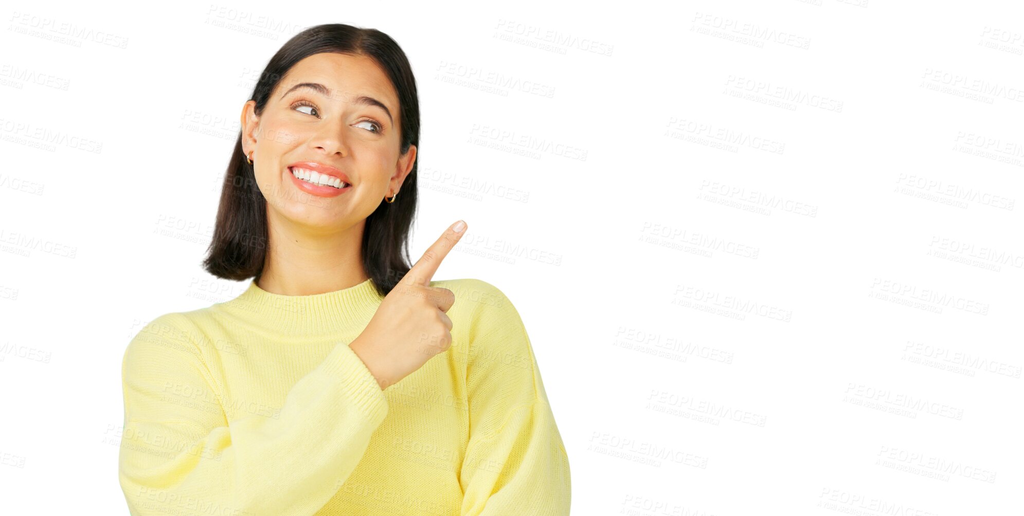 Buy stock photo Woman, pointing and advertising presentation of advice while isolated on a transparent png background. Happy model show promotion of deal, sale and announcement of news, review and feedback about us