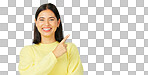 Portrait, pointing and product placement with a woman on green screen in studio for marketing or advertising. Hand gesture, product placement and options with an attractive young female on chromakey