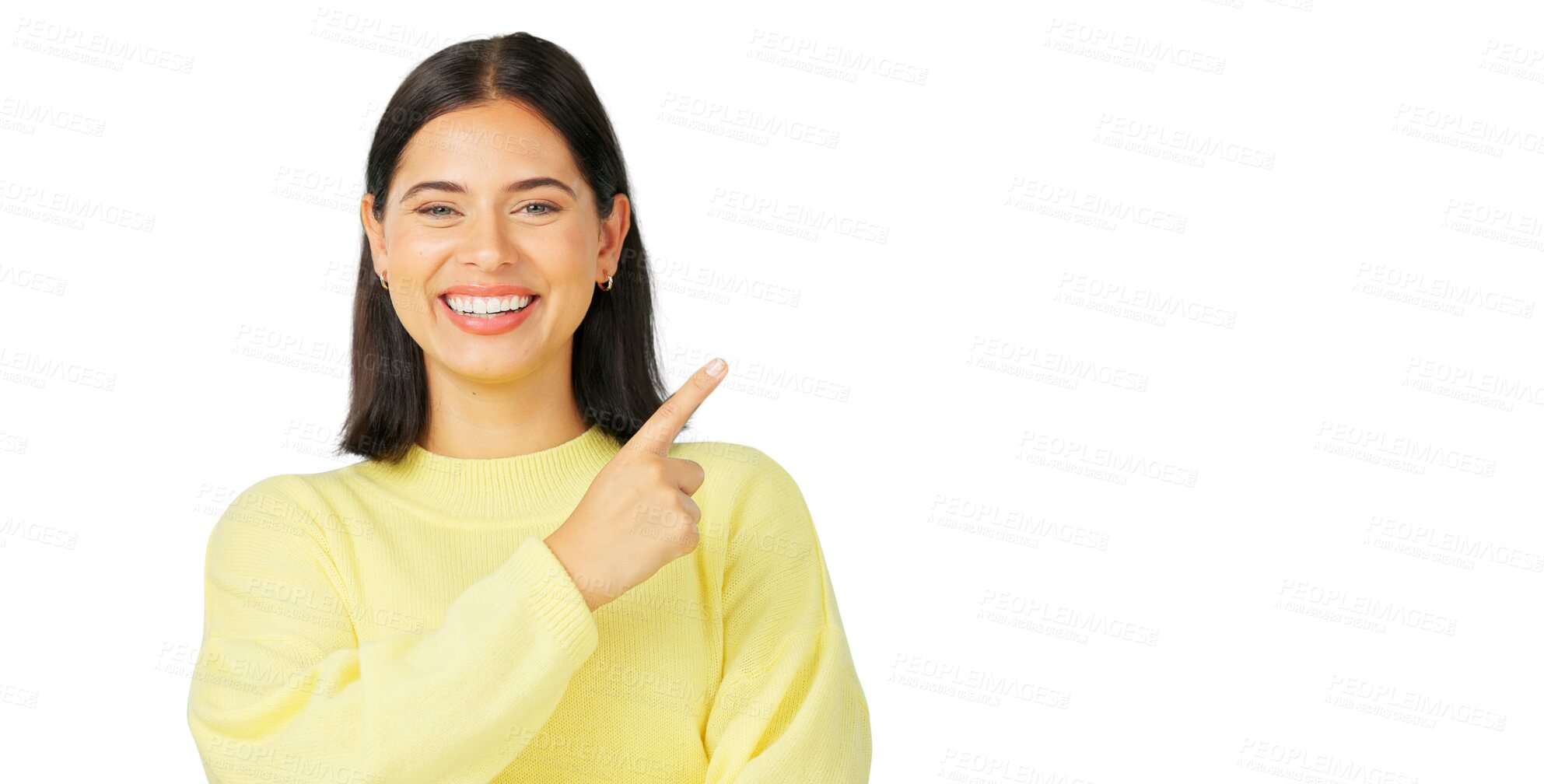 Buy stock photo Portrait, pointing and woman for marketing, advertising or presentation. Hand gesture, smile and option or information of a young female isolated on a transparent png background for promotion or show