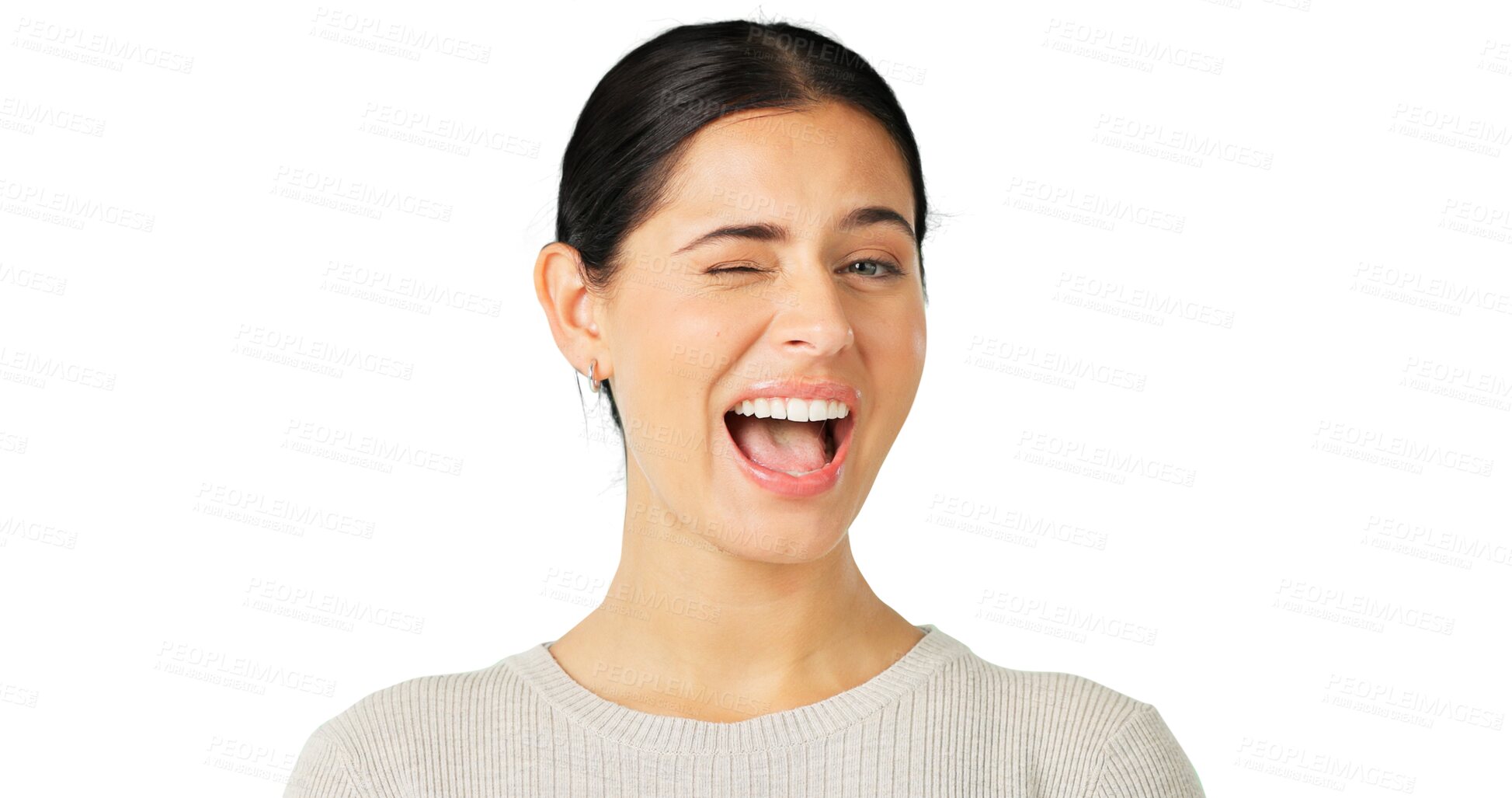 Buy stock photo Flirty, woman and portrait wink expression isolated on a transparent png background. Happy, young female model and smile for emoji, secret and cool girl in a fun mood and personality confidence