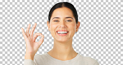 Buy stock photo Portrait, ok and woman with a review, perfect and happiness with success. Support, happy and a person with an emoji hand gesture for agreement and feedback isolated on a transparent png background