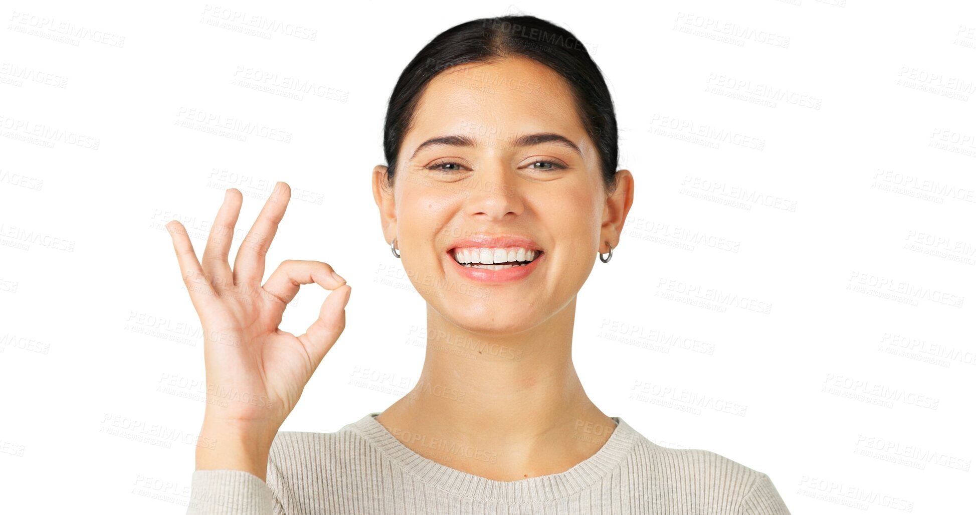 Buy stock photo Portrait, ok and woman with a review, perfect and happiness with success. Support, happy and a person with an emoji hand gesture for agreement and feedback isolated on a transparent png background