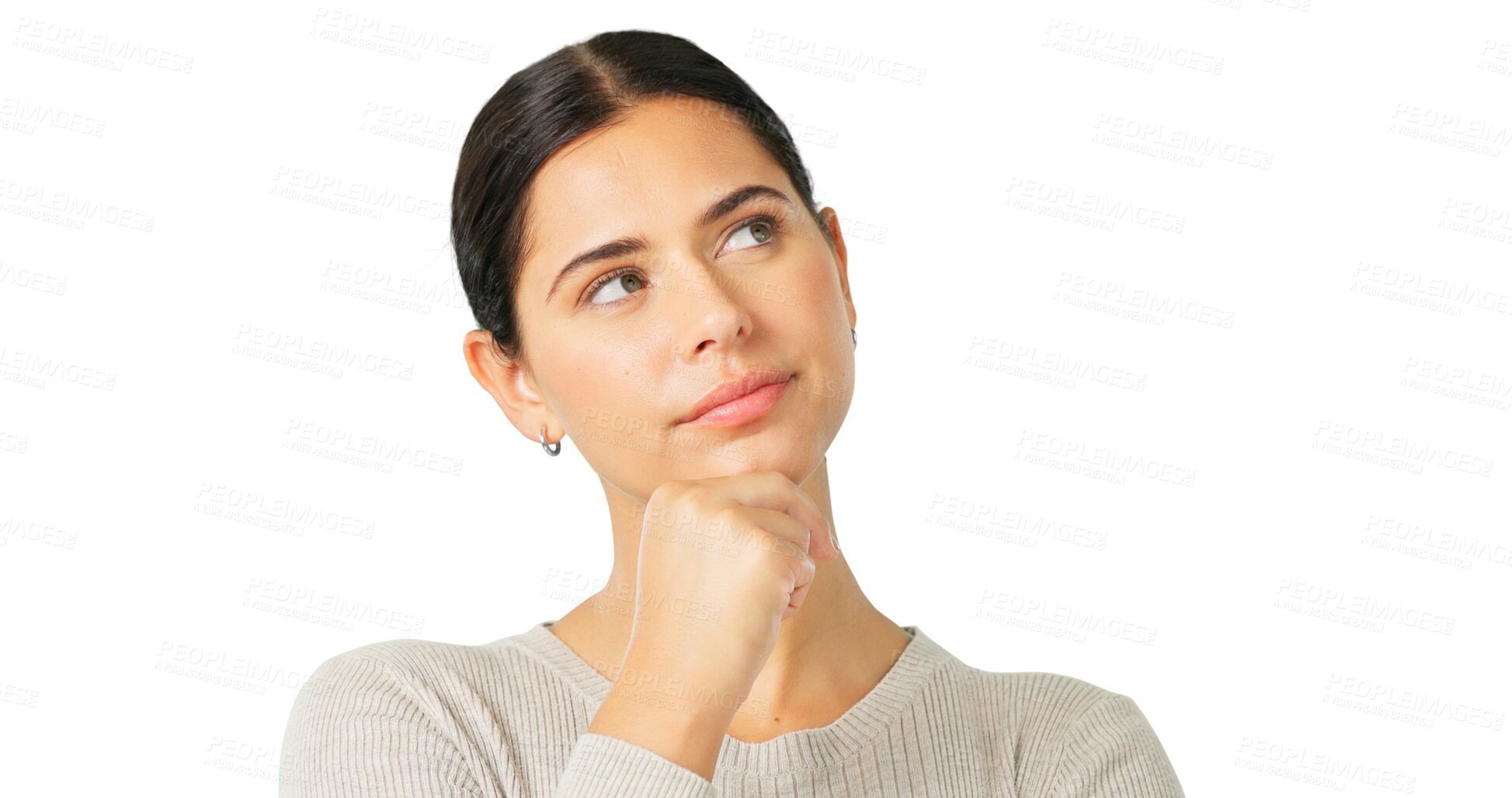 Buy stock photo Woman, thinking face and planning ideas while isolated on transparent png background. Curious model dream of decision, remember memory or choice of problem solving, future solution or question why