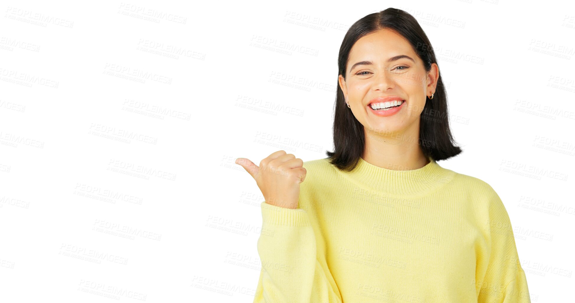 Buy stock photo Woman, portrait and pointing to advertising of presentation, and advice isolated on transparent png background. Happy model show promotion of deal, sales announcement and news of discount information