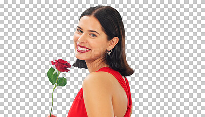 Buy stock photo Portrait, rose or happy woman with flower for valentines day, romance or anniversary with love on a date. Smile, elegant or female person with floral gift isolated on transparent png background 

