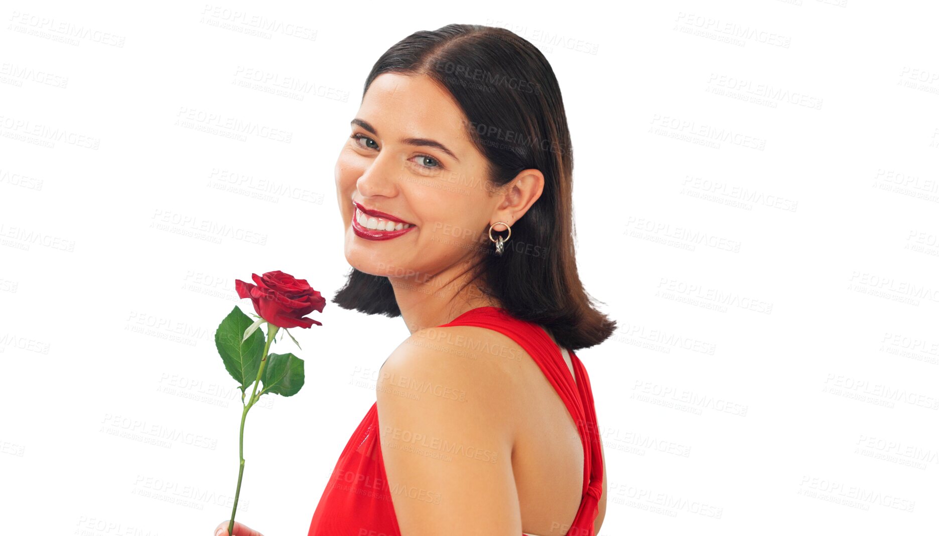 Buy stock photo Portrait, rose or happy woman with flower for valentines day, romance or anniversary with love on a date. Smile, elegant or female person with floral gift isolated on transparent png background 

