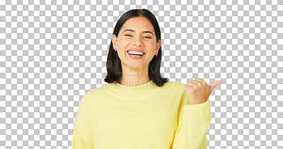 Buy stock photo Woman, portrait and pointing to happy promotion, presentation and review offer isolated on transparent png background. Model show notification of deal, sales announcement and information coming soon