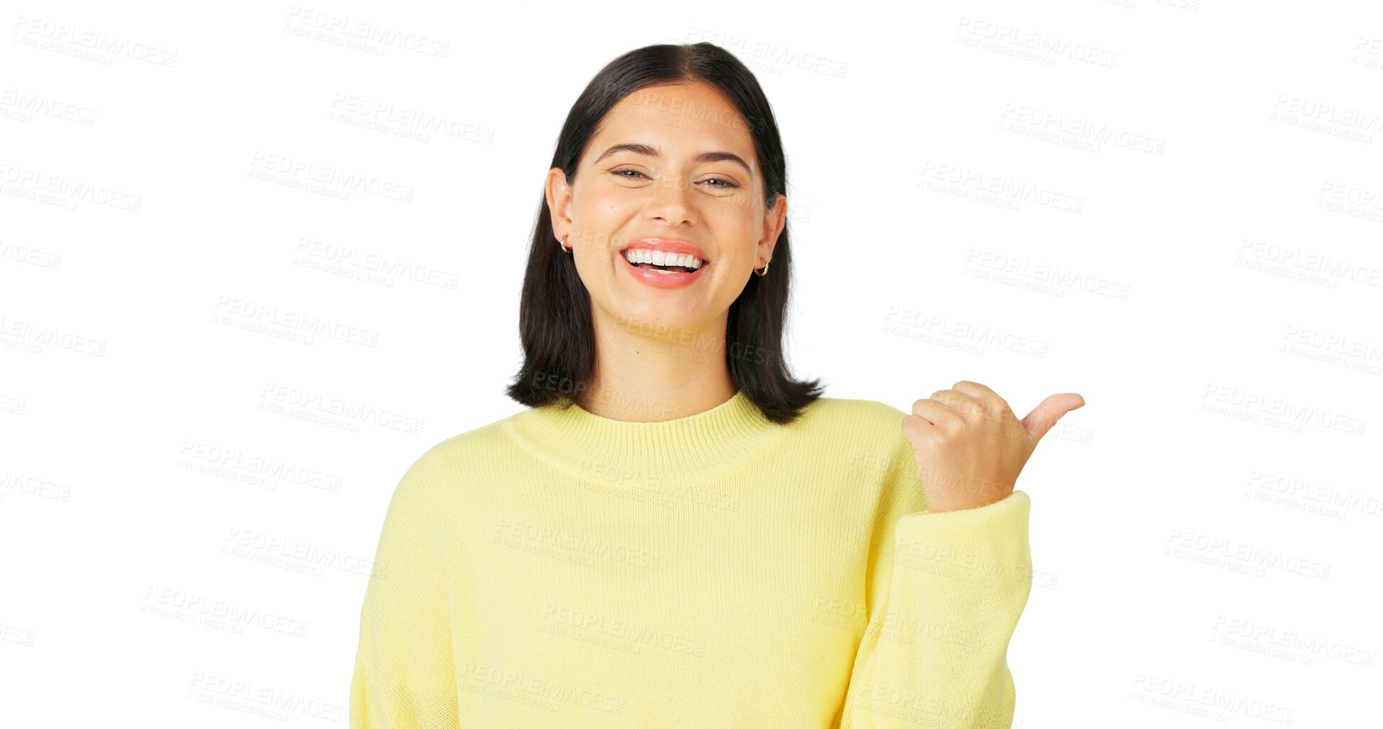 Buy stock photo Woman, portrait and pointing to happy promotion, presentation and review offer isolated on transparent png background. Model show notification of deal, sales announcement and information coming soon