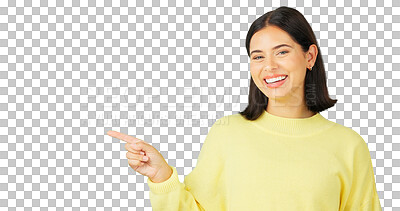 Buy stock photo Woman, portrait and pointing to promotion, presentation and review isolated on a transparent png background. Happy model show notification of deal, sales announcement and news of discount information