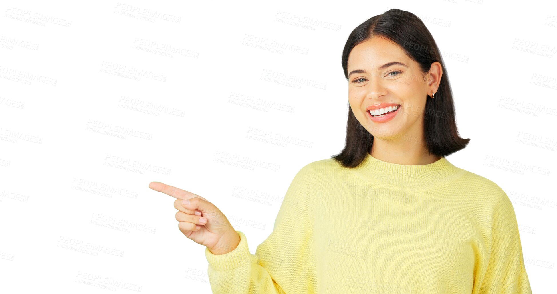 Buy stock photo Woman, portrait and pointing to promotion, presentation and review isolated on a transparent png background. Happy model show notification of deal, sales announcement and news of discount information