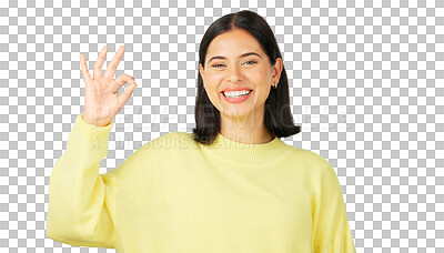 Buy stock photo Hand sign, okay and happy portrait of a woman review or feedback for support. Face of a young person and ok emoji for success, yes and agreement or thank you isolated on a transparent, png background