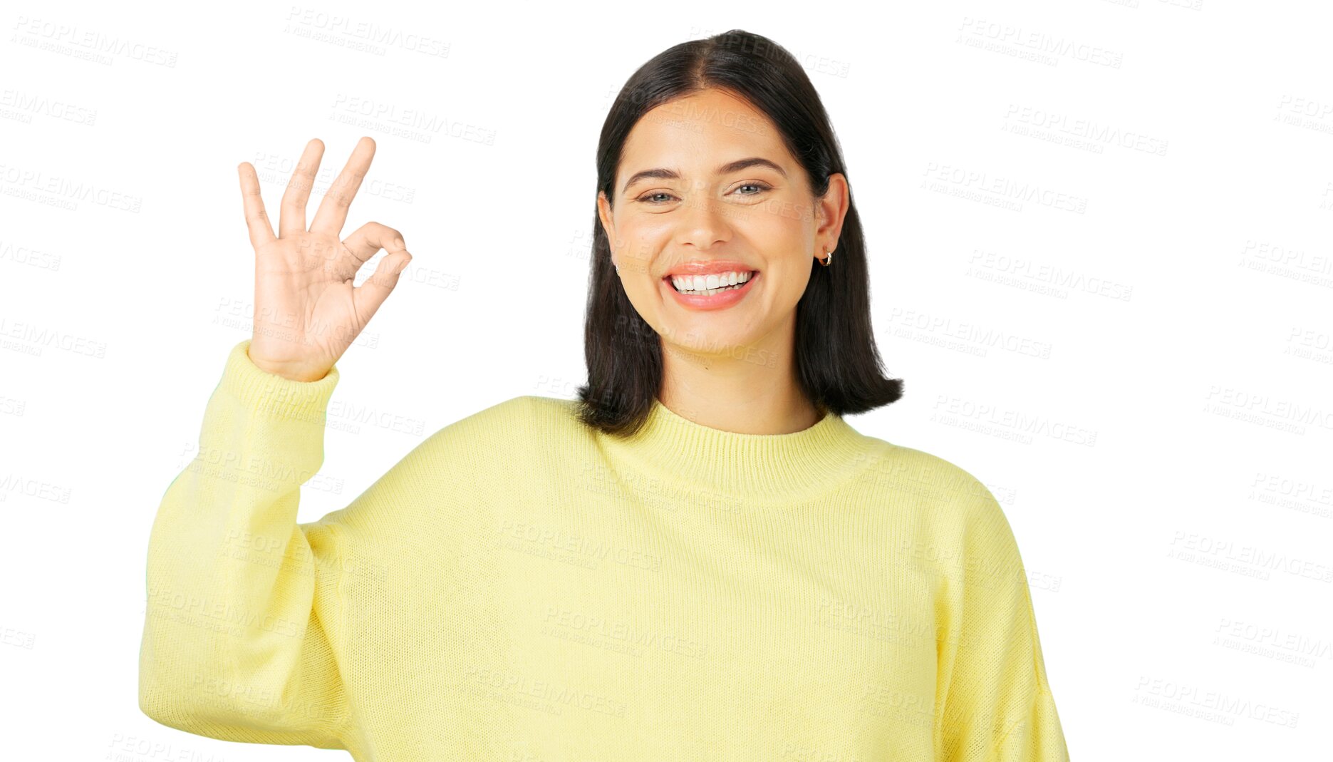 Buy stock photo Hand sign, okay and happy portrait of a woman review or feedback for support. Face of a young person and ok emoji for success, yes and agreement or thank you isolated on a transparent, png background