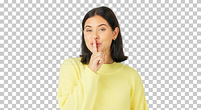 Buy stock photo Secret, portrait and woman with finger on lips isolated on a transparent png background for privacy, drama and news. Female model, face and silence of gossip, whisper emoji and confidential surprise