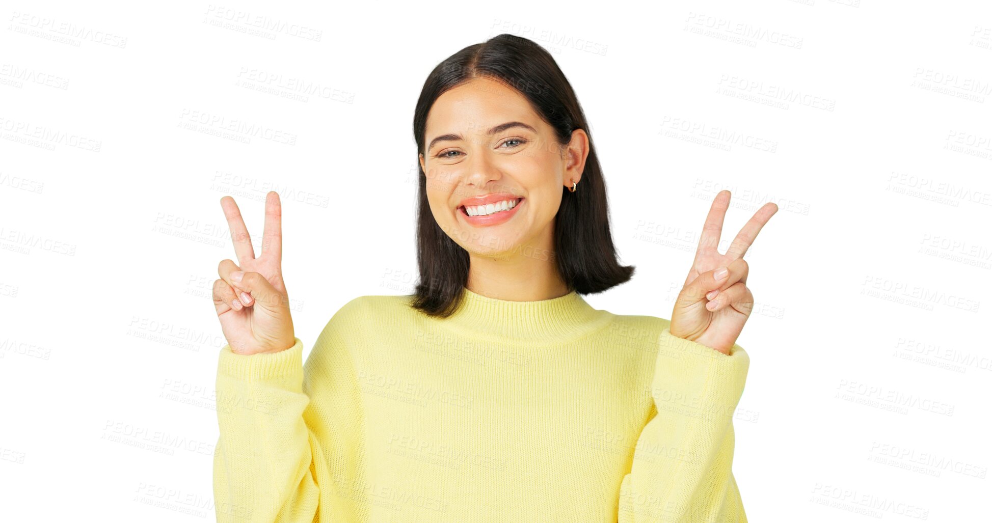 Buy stock photo Peace, hand sign and happy portrait of a woman for support. Face of a young person show icon emoji for wellness, kindness and freedom or hope with gesture isolated on a transparent, png background