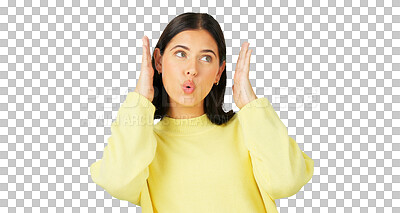 Buy stock photo Face, hands and dance with a funny woman isolated on a transparent background for freedom or happy fun. Relax, energy and celebration with a young female person on PNG listening or moving to music