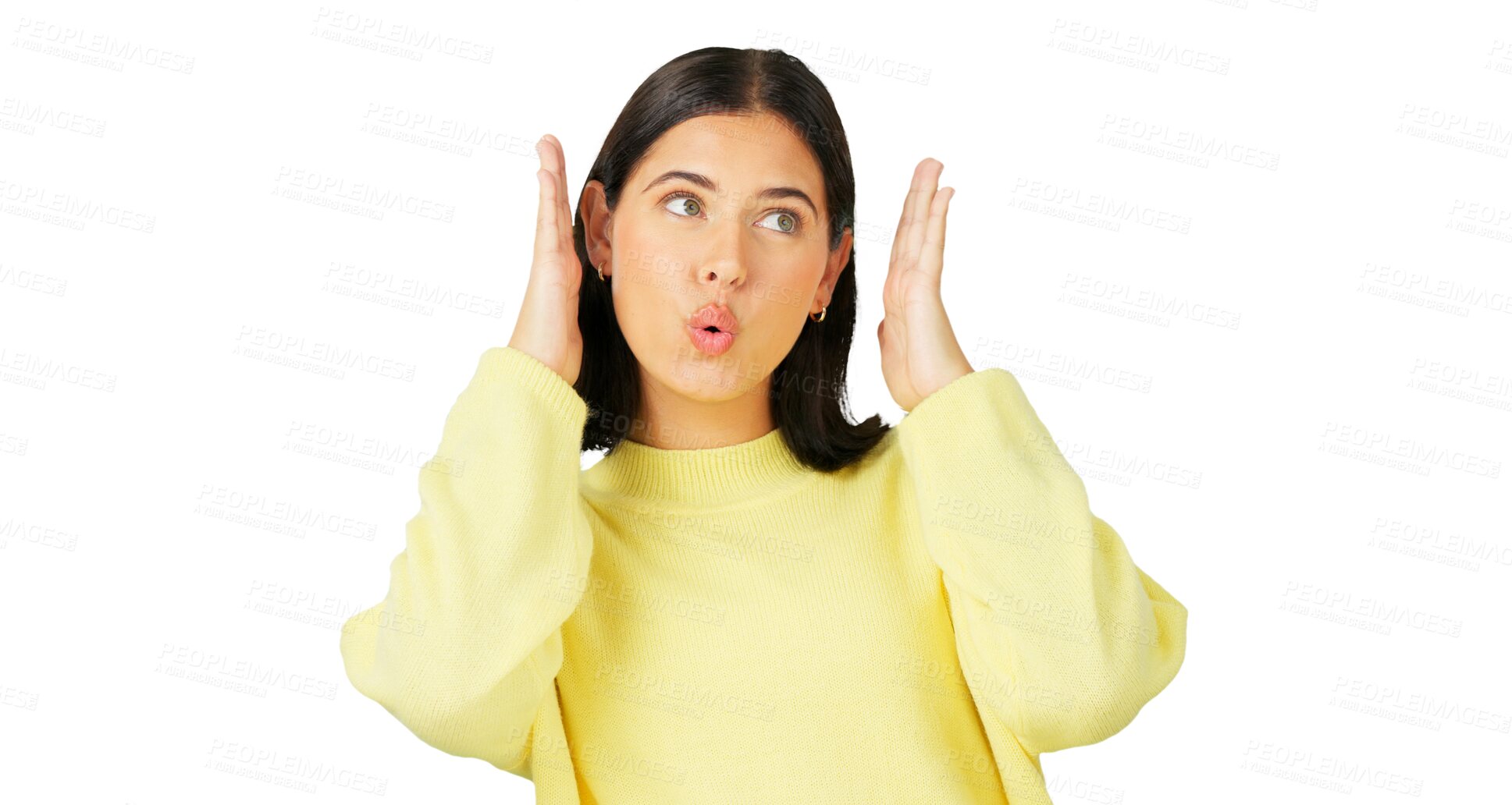 Buy stock photo Face, hands and dance with a funny woman isolated on a transparent background for freedom or happy fun. Relax, energy and celebration with a young female person on PNG listening or moving to music