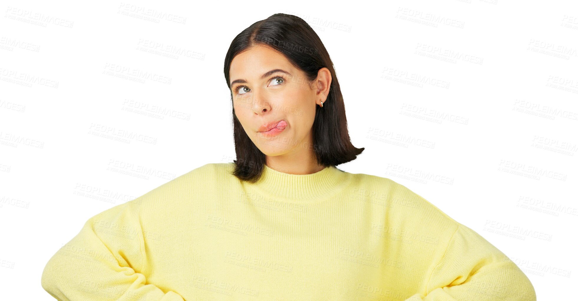 Buy stock photo Tongue, funny face and a happy woman with a vision, freedom personality and thinking. Smile, female model and silly, comic or goofy for a meme expression isolated on a transparent png background