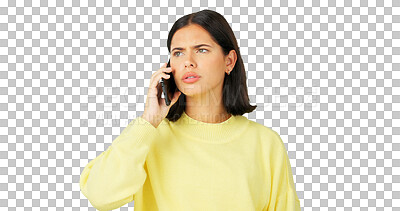 Buy stock photo Phone call, conflict or anger with a woman frustrated while isolated on a transparent background. Mobile, communication and frown with an unhappy young female person arguing or fighting on PNG